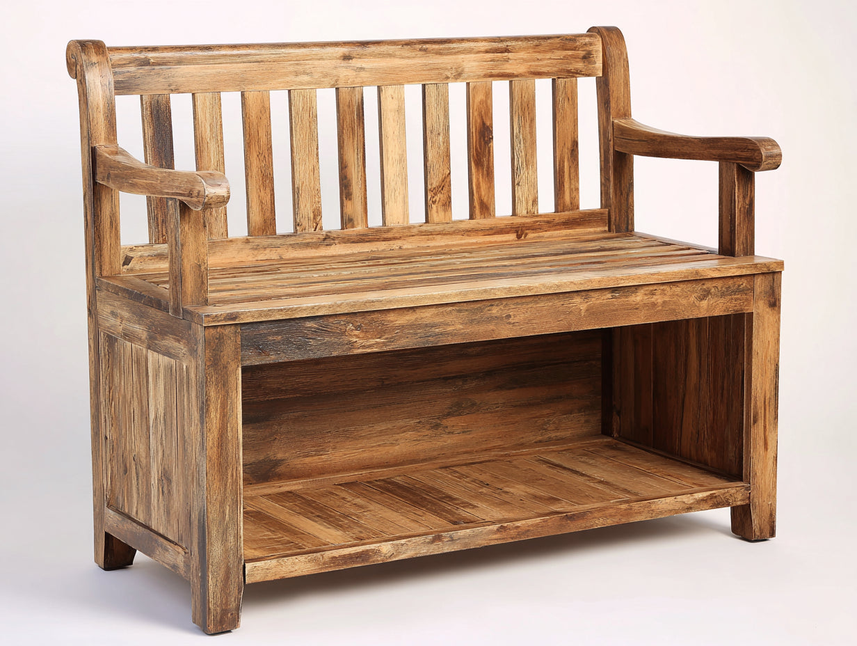 Bancos de jardín de madera con estante 120x55x95 cm - marrón envejecido - estilo rústico