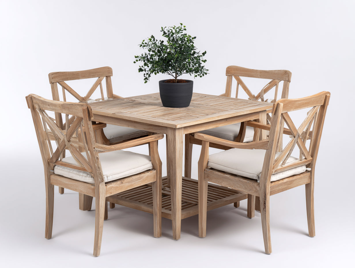 Conjuntos de comedor de jardín de madera color madera natural y blanco con mesa de 140 x 80 cm y 4 sillas - Diseño moderno para exterior