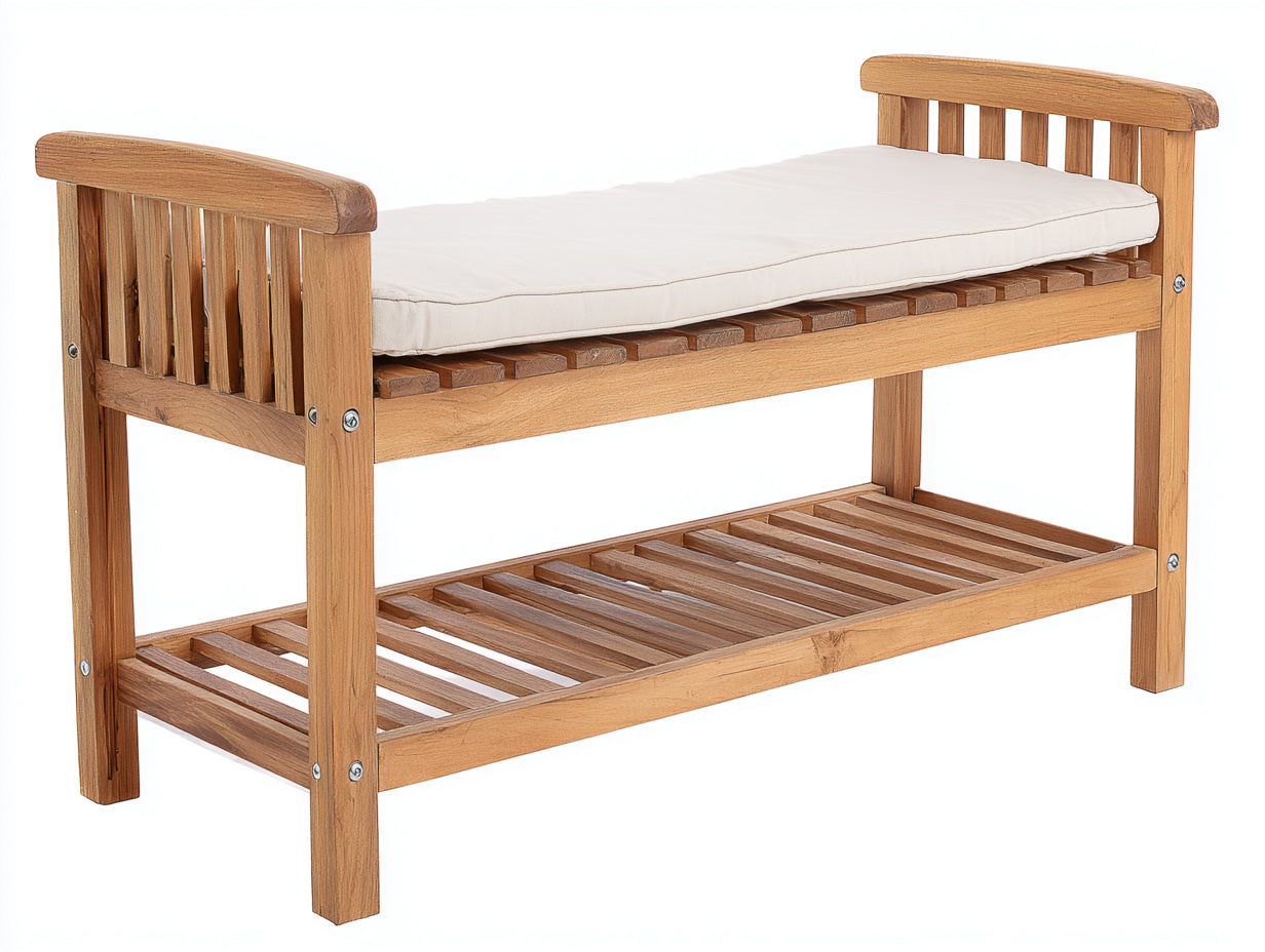 Bancos de jardín de madera con estante inferior 120x45x75 cm - marrón natural - diseño compacto con asiento de listones y reposabrazos