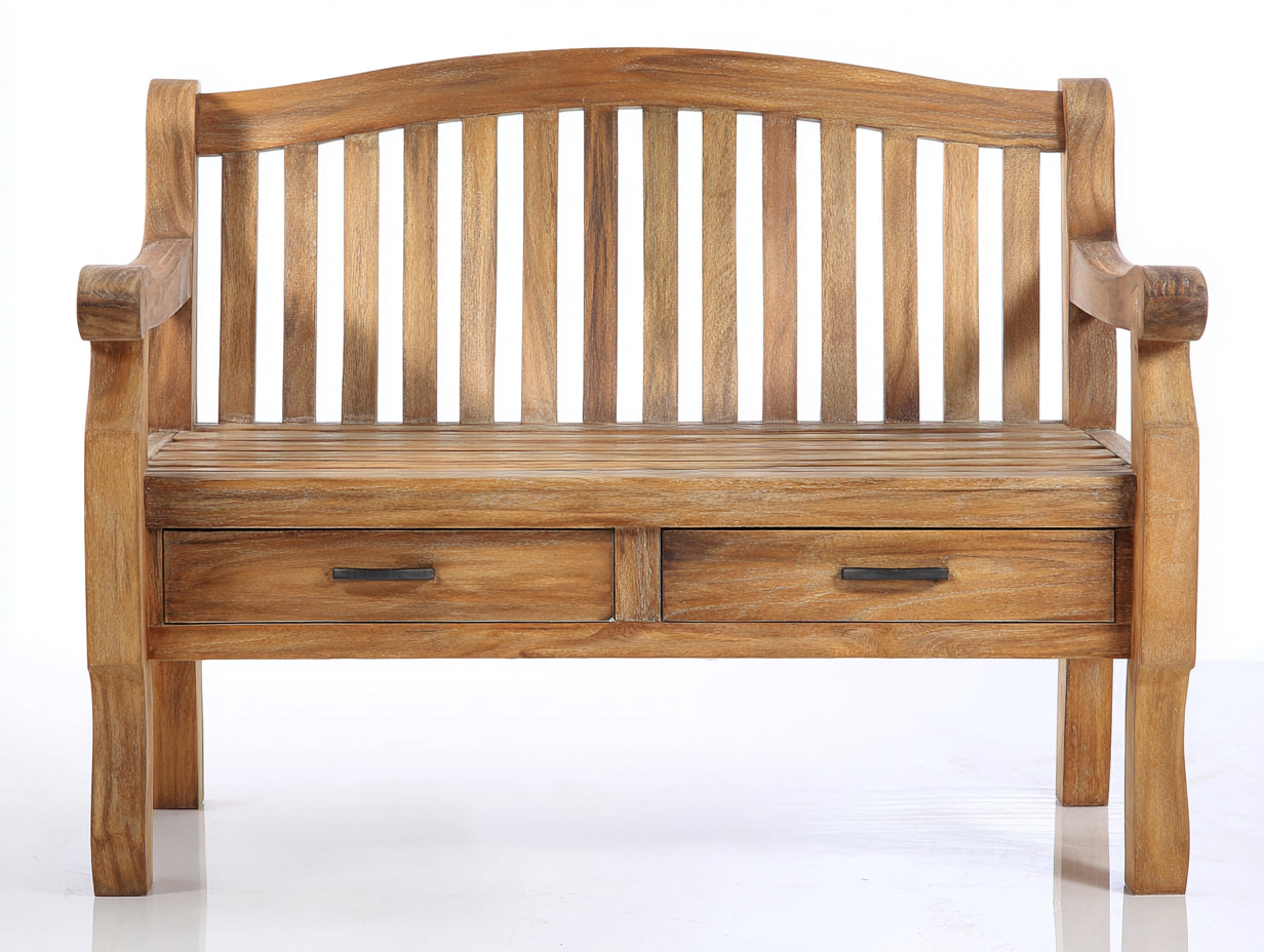 Bancos de jardín de madera con 2 cajones 125x60x95 cm - marrón natural - diseño clásico con respaldo alto y almacenamiento integrado