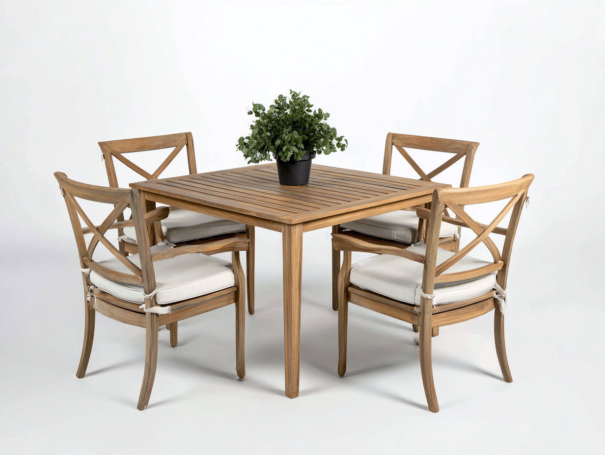 Conjuntos de comedor de jardín 120 x 120 x 75 cm madera natural con cuatro sillas y cojines beige - diseño clásico