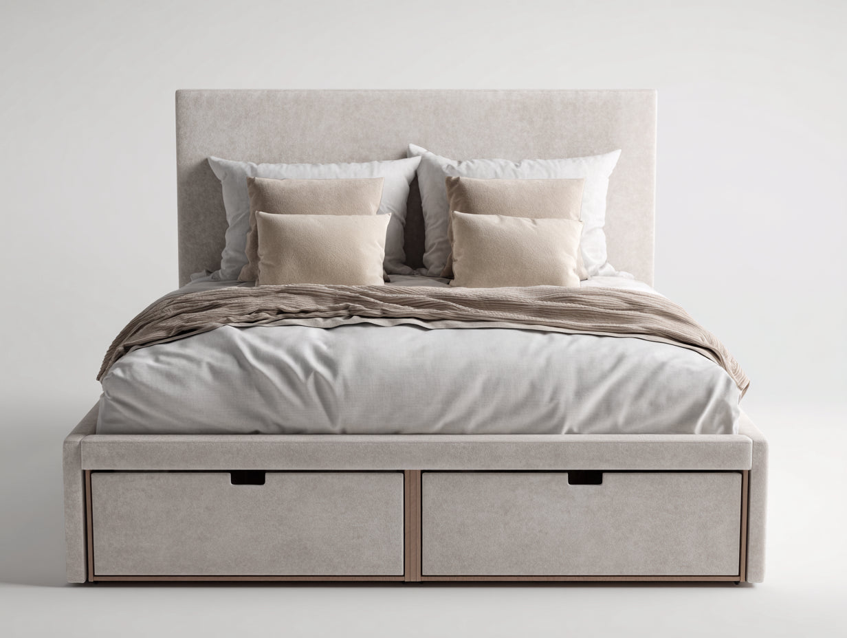 Camas dobles tapizada con 2 cajones de almacenamiento 200x160x110 cm - beige claro - diseño moderno con cabecero acolchado