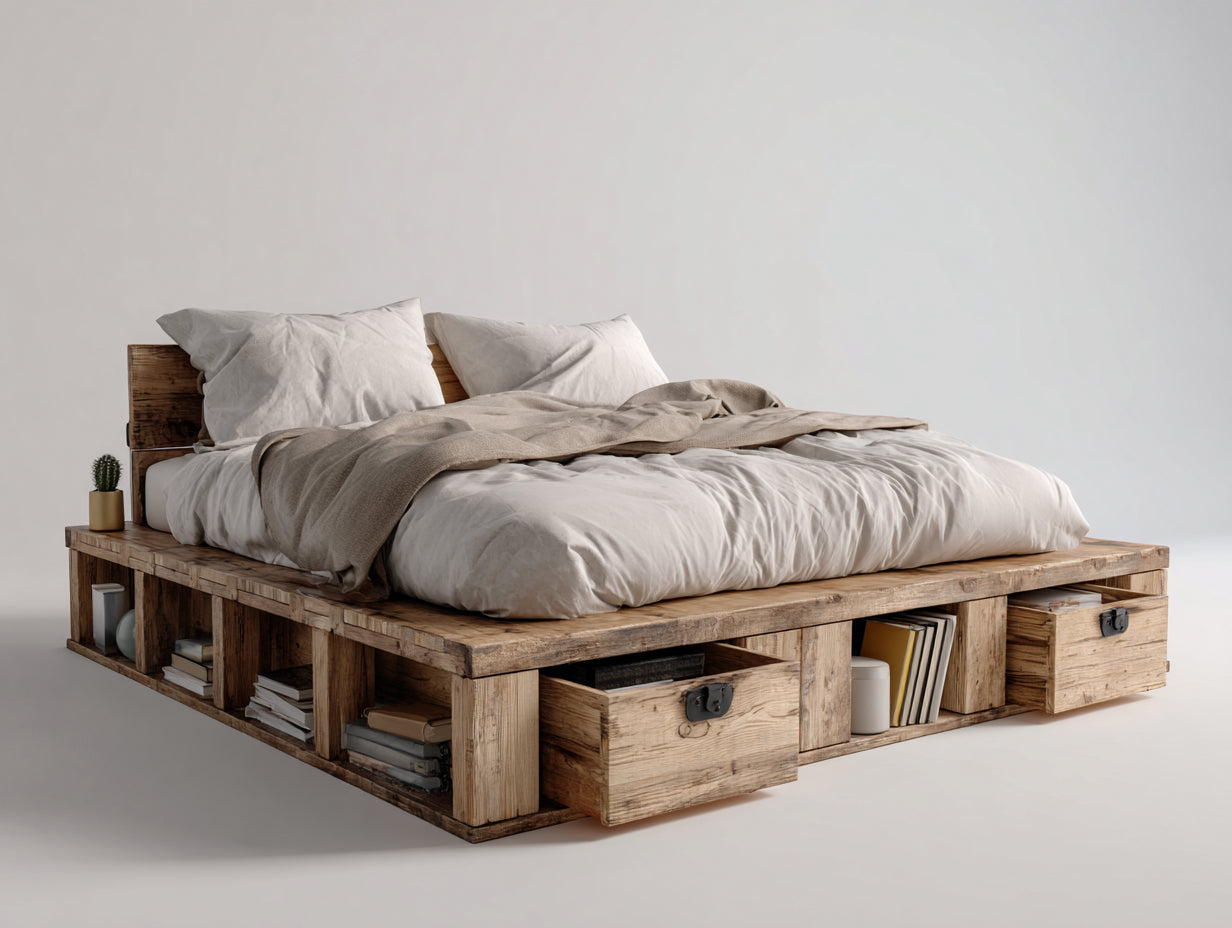 Camas dobles madera 200x180x85 cm color roble con cajones de almacenamiento y diseño rústico
