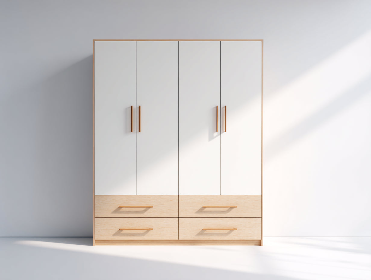 Armarios 4 puertas con 4 cajones 200x50x220 cm - blanco y madera clara - diseño moderno