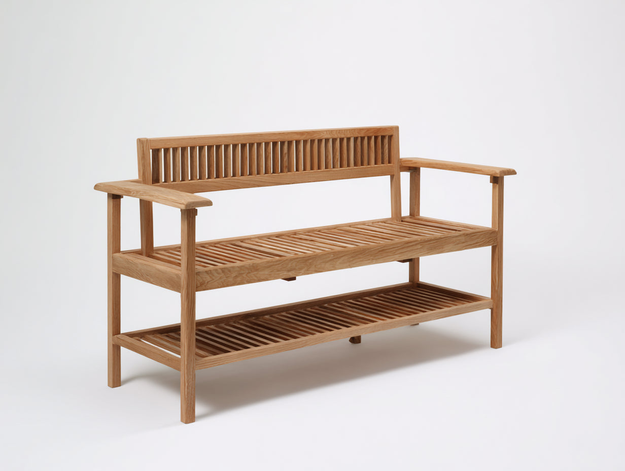 Bancos de jardín de madera con estante 140x55x90 cm - madera natural - diseño de listones