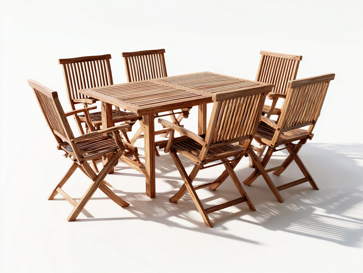 Conjuntos de comedor de jardín madera 180x90x75 cm color marrón con mesa rectangular y 6 sillas plegables estilo clásico