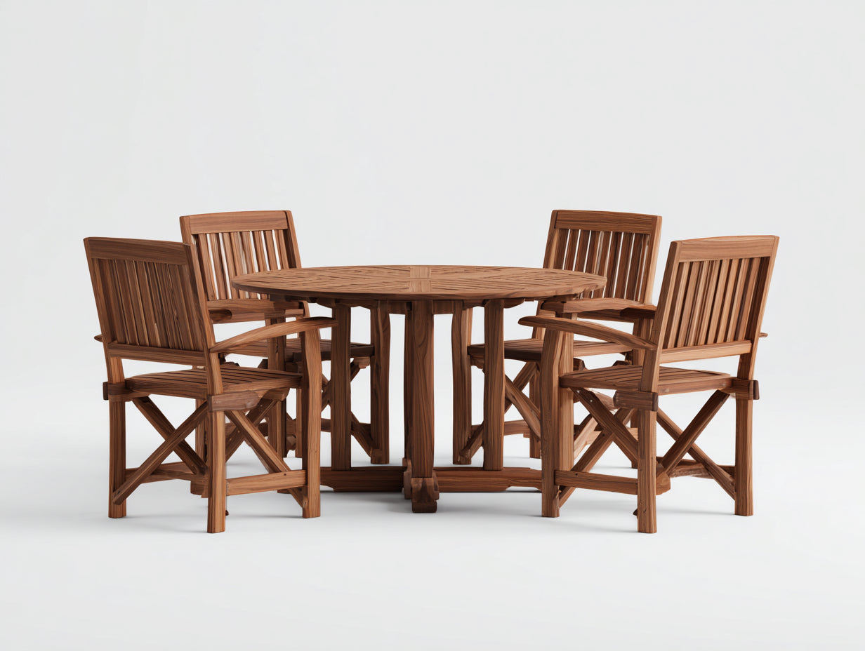 Conjuntos de comedor de jardín de madera para 4 personas 120x120x75 cm - marrón nogal - mesa redonda con 4 sillas y diseño clásico