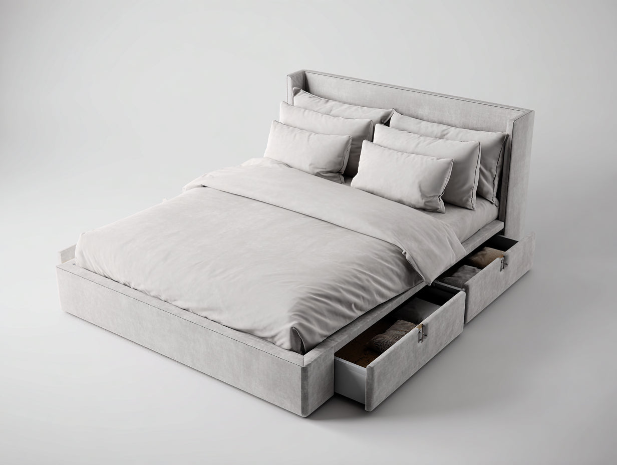 Camas dobles 200 x 180 x 100 cm tapizada gris con cajones de almacenamiento - diseño moderno