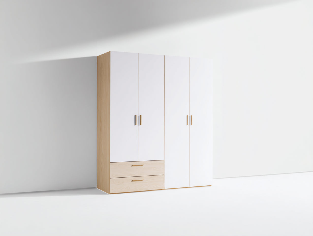 Armarios de madera 240x60x220 cm blanco y color roble con 4 puertas y 2 cajones para dormitorio estilo moderno