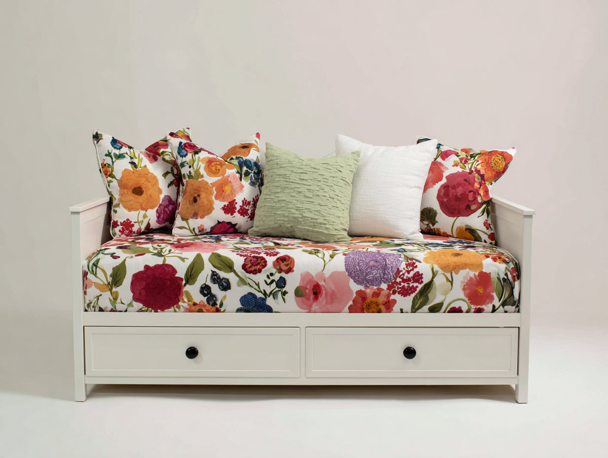 Sofás cama de madera y tela color blanco y multicolor 200 x 90 x 85 cm - Diseño moderno con cajones de almacenamiento