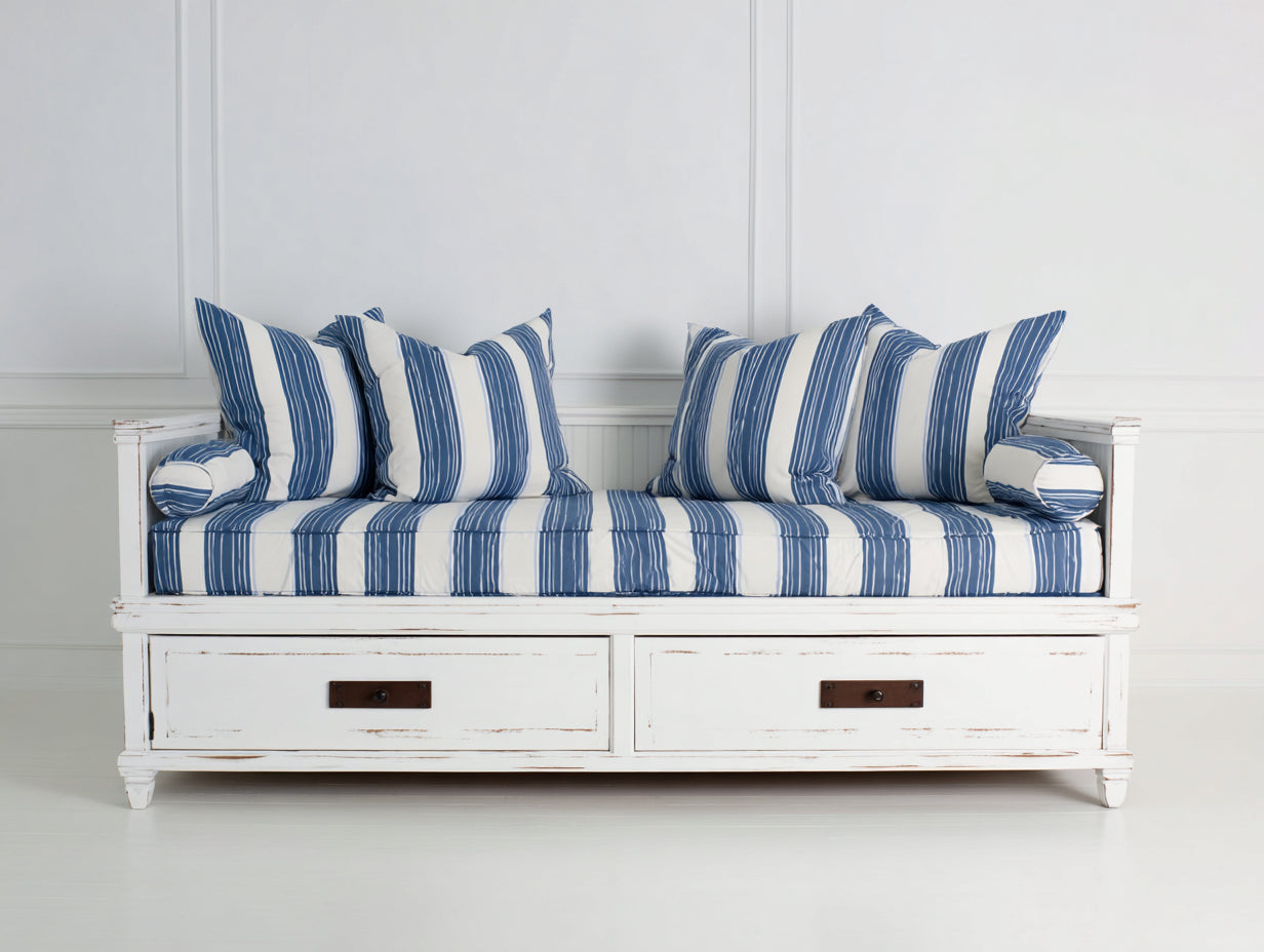 Sofás cama de madera con 2 cajones 215x100x90 cm - blanco envejecido y azul - diseño costero con almacenamiento integrado