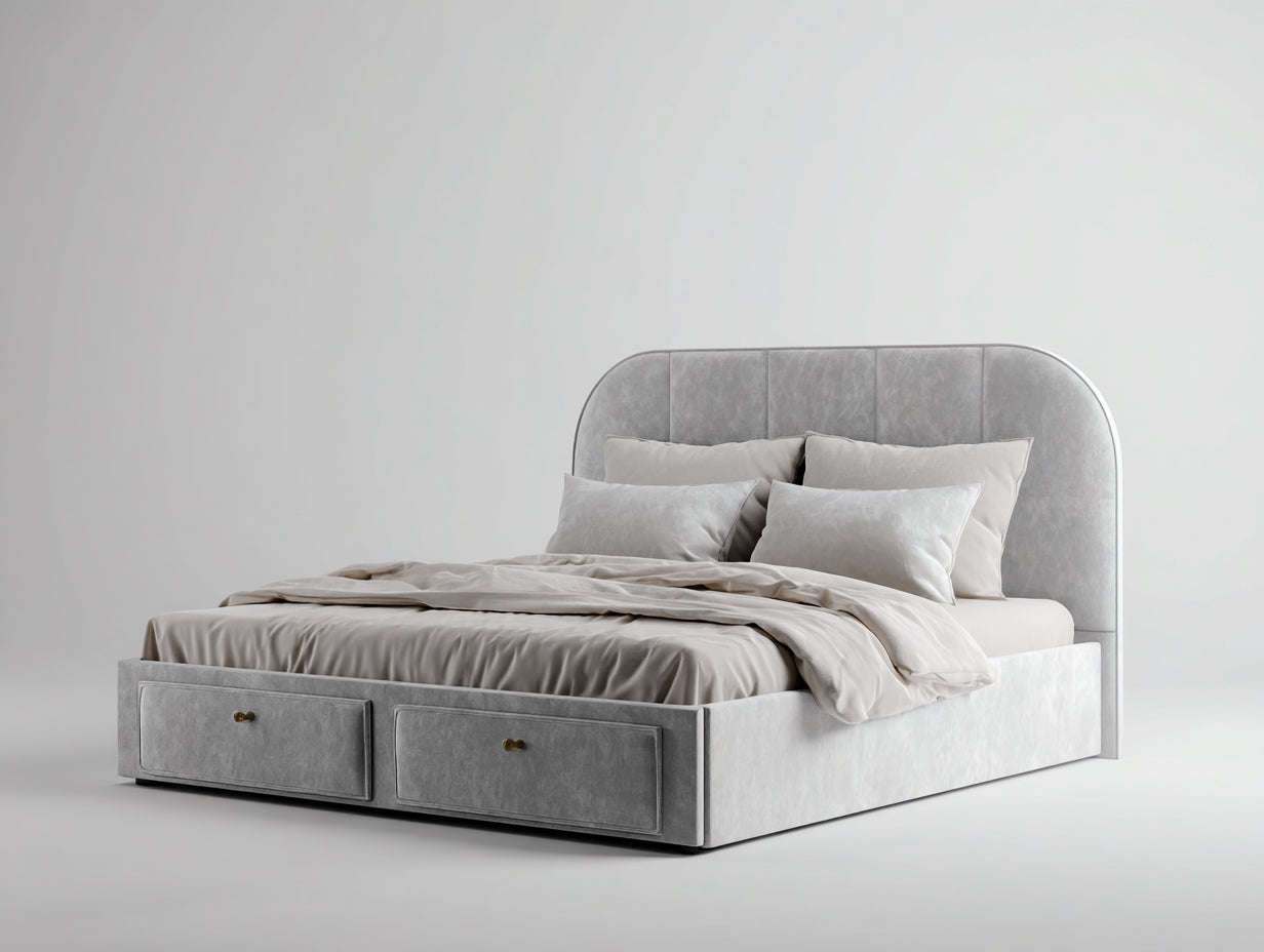 Camas dobles tapizada 200x180x120 cm terciopelo gris con 2 cajones laterales y diseño moderno