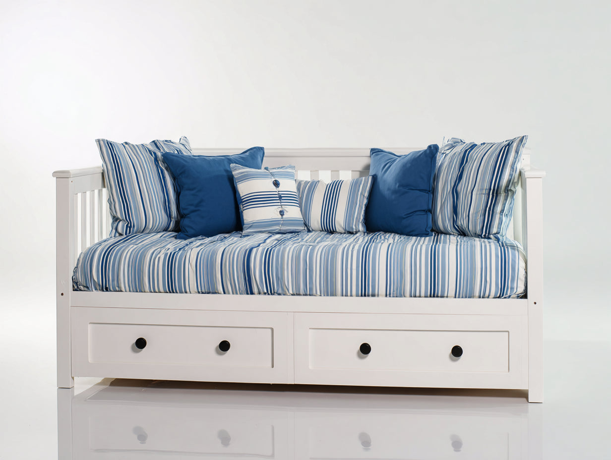 Sofás cama de madera con 2 cajones 210x98x88 cm - blanco y azul - diseño costero con almacenamiento integrado