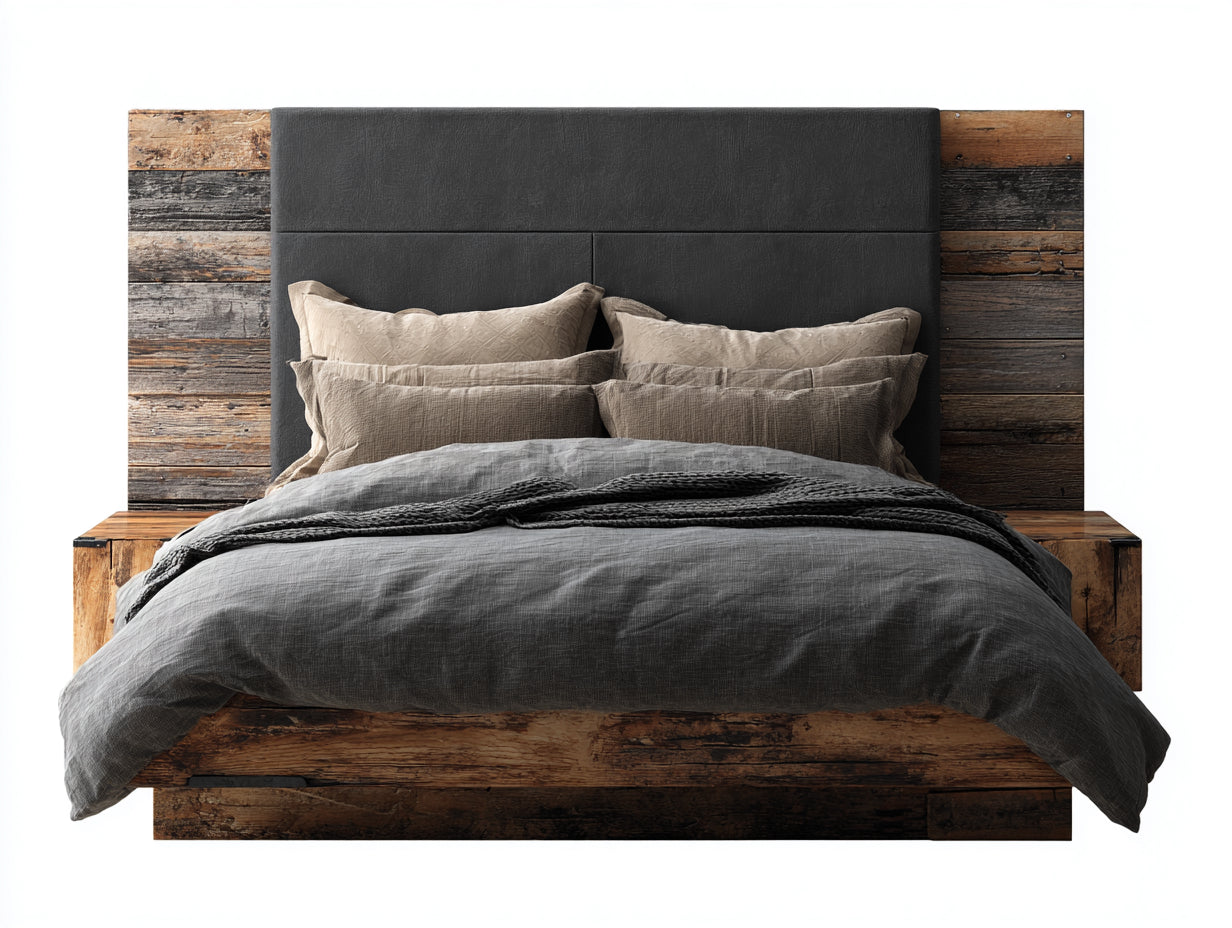 Camas dobles de madera y tela color madera natural y gris 220 x 180 x 110 cm - Diseño moderno con cabecero tapizado