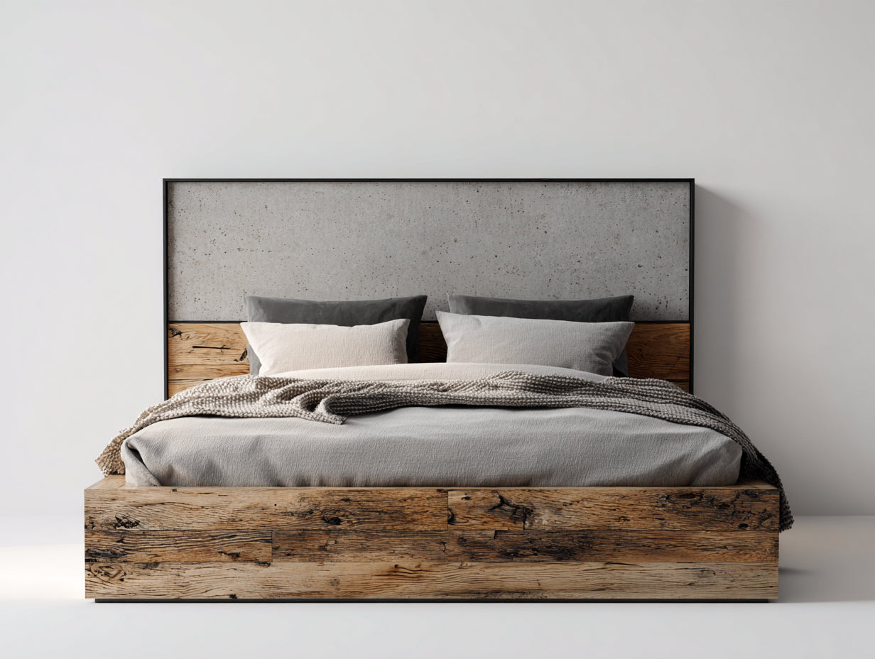 Camas dobles de madera maciza 220x190x120 cm - marrón natural y gris - diseño rústico industrial con cabecero alto