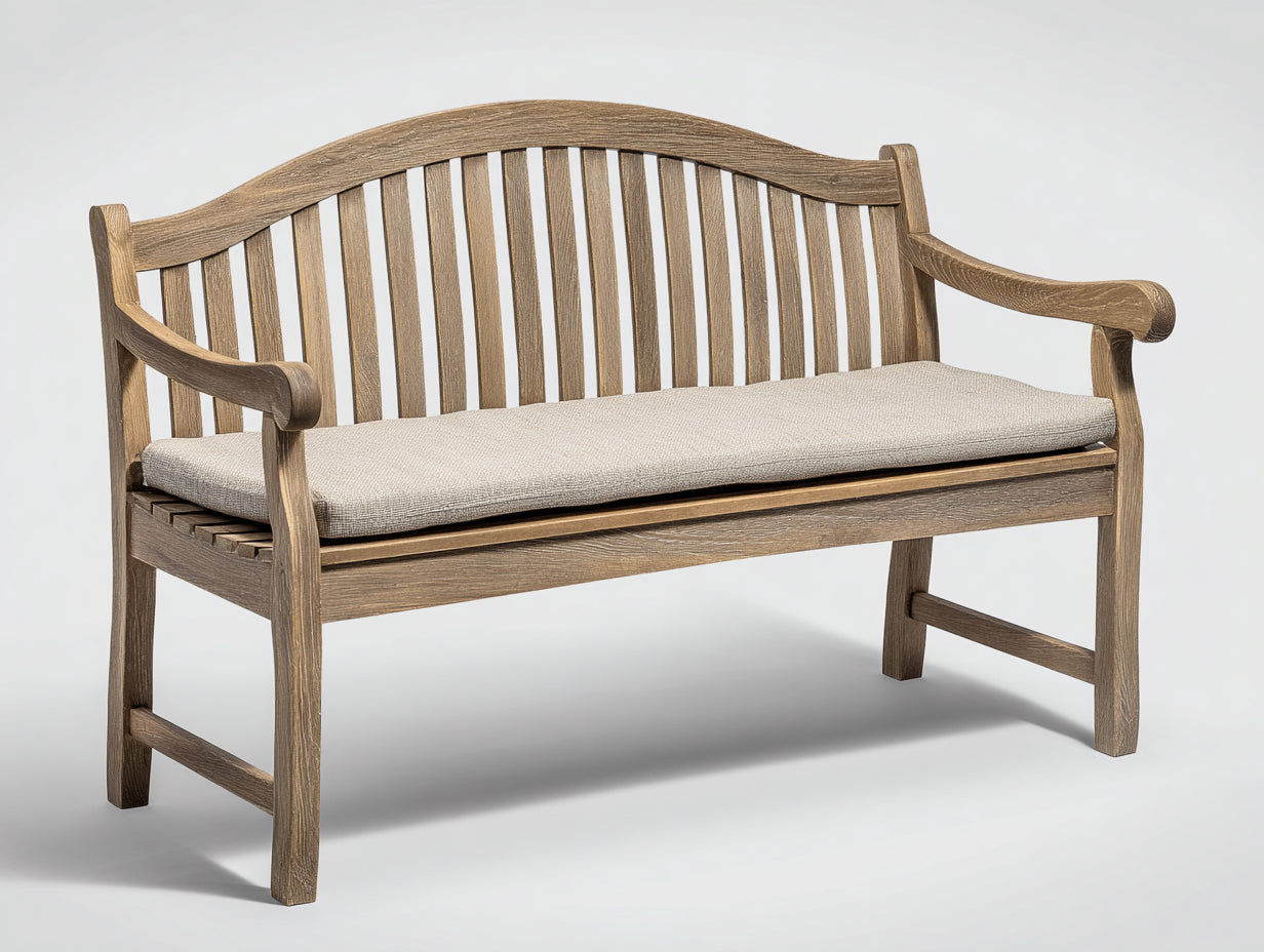 Bancos de jardín de madera color madera natural y beige 160 x 65 x 95 cm - Diseño moderno con respaldo curvado y cojín de asiento