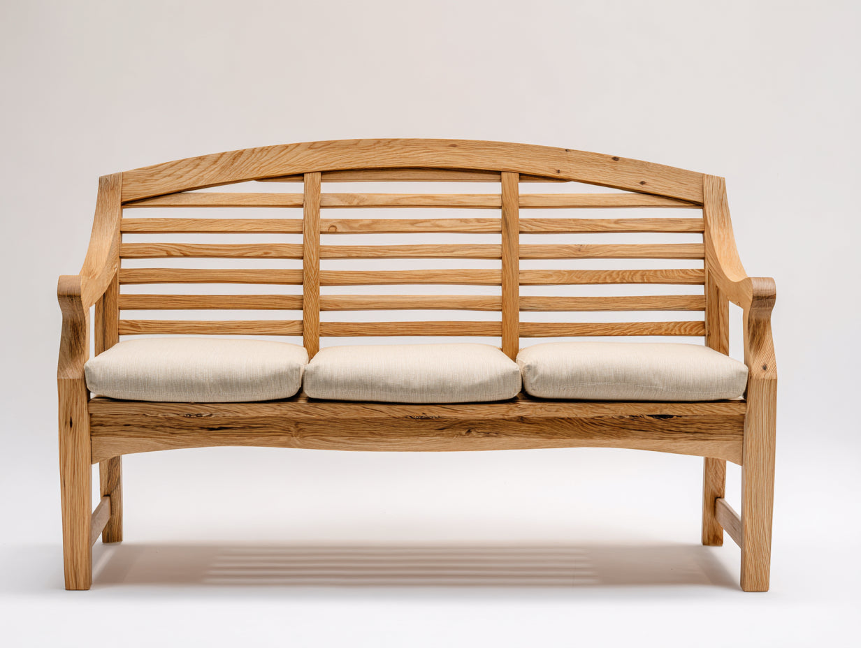 Bancos de jardín madera 180x65x90 cm color roble con 3 cojines de asiento y respaldo de listones
