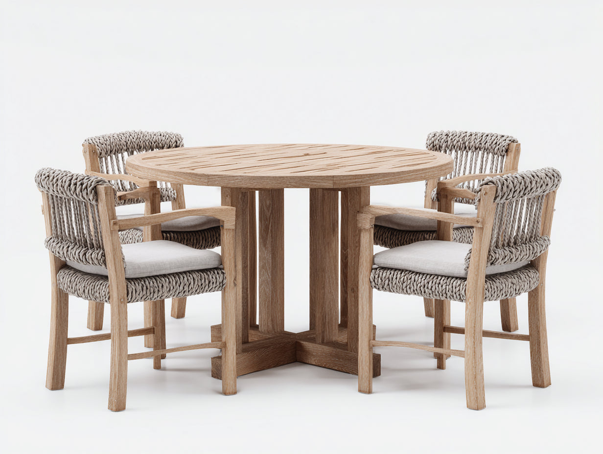 Conjuntos de comedor de jardín de madera para 4 personas 120x120x75 cm - madera natural y gris - mesa redonda con sillones tejidos