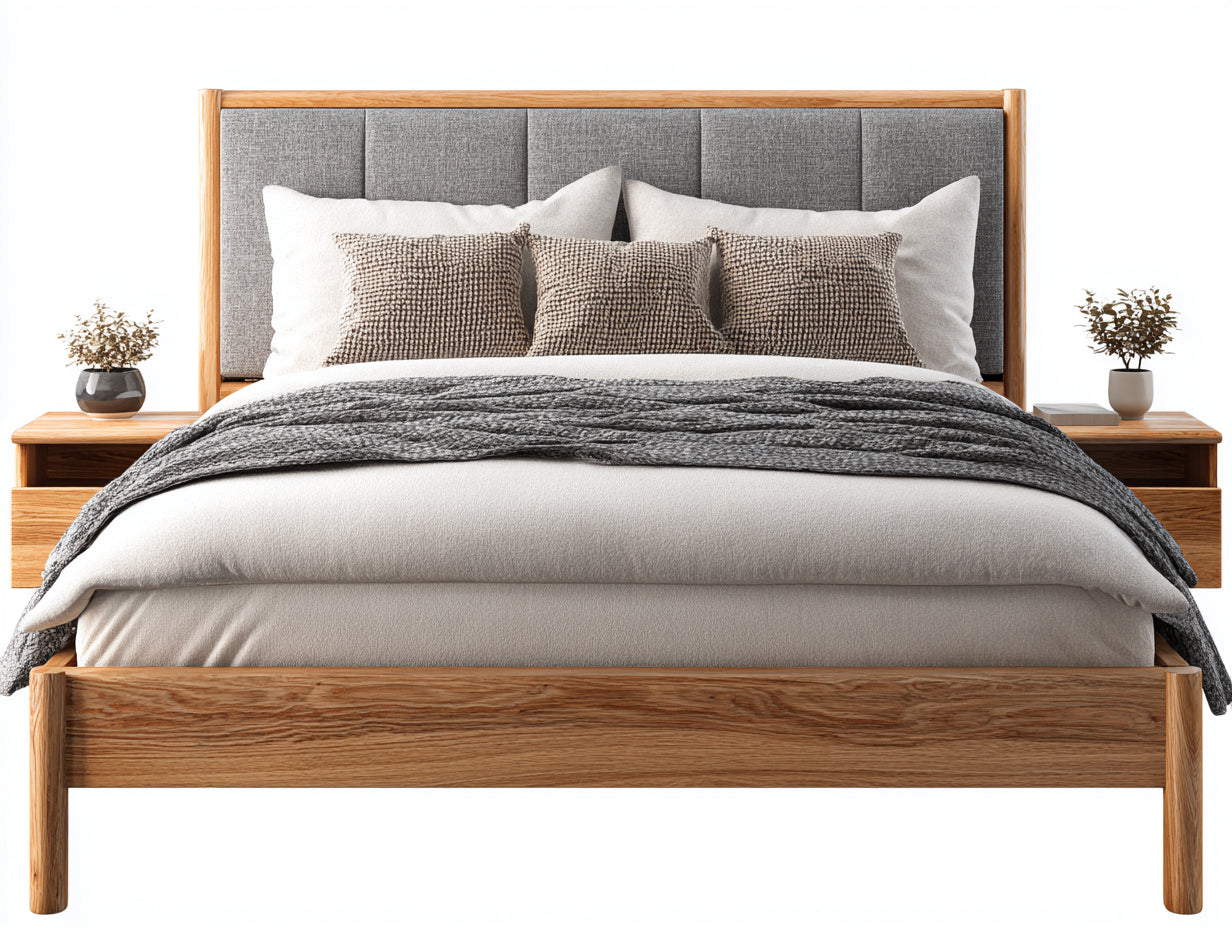 Camas dobles 200 x 180 x 110 cm madera natural gris con cabecero tapizado - diseño moderno