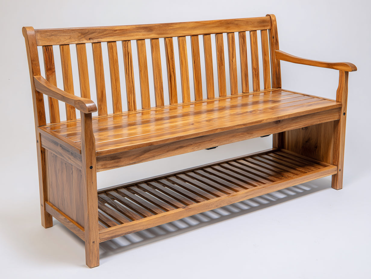 Bancos de jardín de madera con estante 140x58x95 cm - marrón miel - diseño rústico con listones