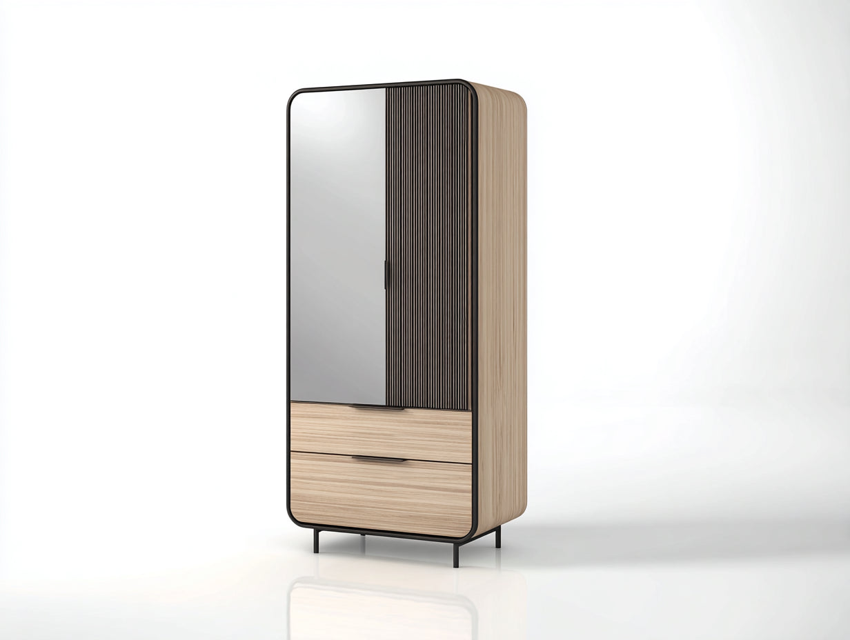 Armarios de dos puertas con espejo de madera color madera natural y negro 80 x 45 x 180 cm - Diseño moderno con cajones para dormitorio